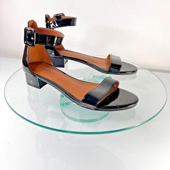 14th & Union Patent Leather Sandals Black Ankle Strap - Picture 1 of 7